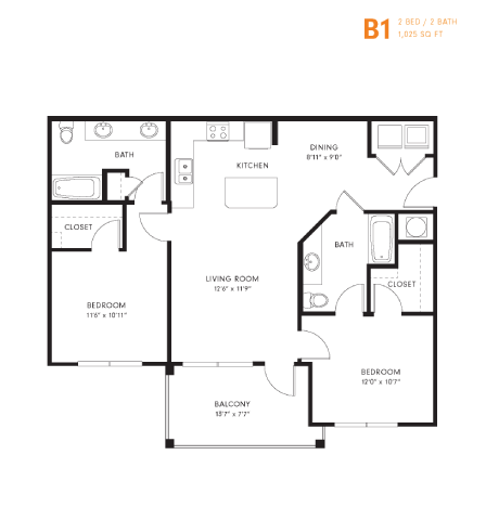 A black and white image of a floor plan for a B1 apartment.